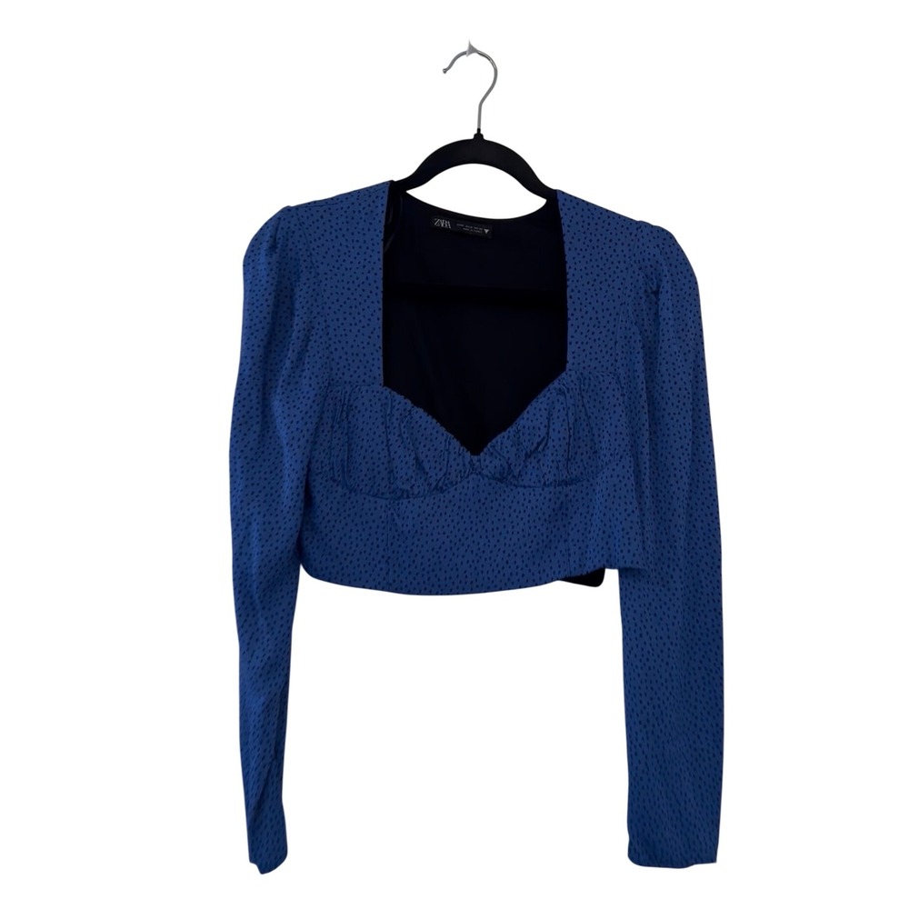 Zara Blue Polka Dot Long Sleeve Sweetheart Neck Crop Top Size M Leopard Print